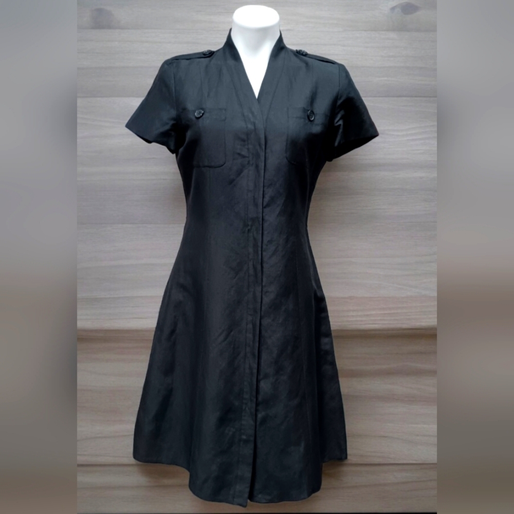 Spenser Jeremy Women Dress 4 Silk Linen Swan Neck Button Up Black Minimalist EUC